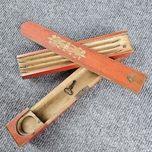 Antique Vintage Wood Wooden Pencil Pen School Box 2 Levels Sliding Lid Orig KEY